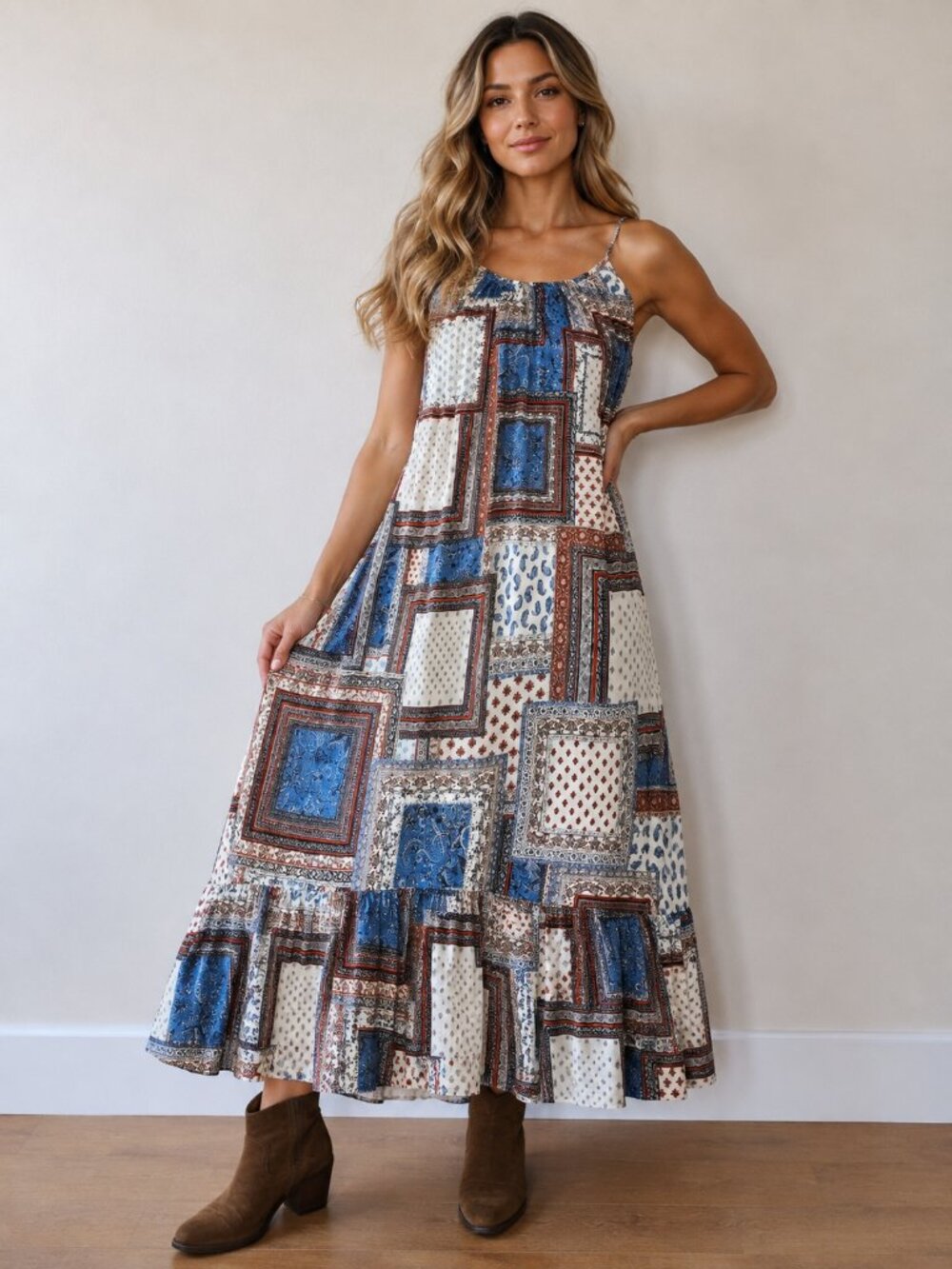Karen Kane XL Patchwork Paisley Boho Maxi Dress Tiered Ruffle Hem